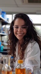 Young colombian female scientific in laboratory.