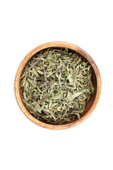 Top view of dried thyme in a bowl on a white background.