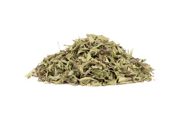 Bundle of dried thyme leaves on white background.