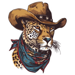 Leopard Head wearing wearing cowboy hat and bandana around neck