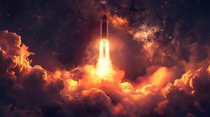 A vibrant image capturing a space shuttle soaring upwards amidst fiery clouds against a dramatic cosmic backdrop It conveys power, exploration, and ambition - obrazy, fototapety, plakaty