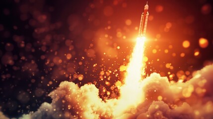 A majestic space rocket launch mid-flight enveloped in intense flames and billowing smoke captured with vibrant colors and dynamic lighting - obrazy, fototapety, plakaty