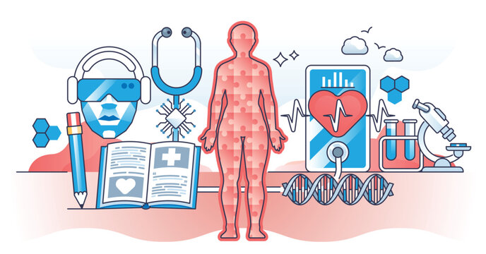 Healthcare simulation as modern and innovative diagnosis or treatment outline concept. Doctor using AR for patient checkup, master cognitive, technical, and behavioral skills vector illustration.