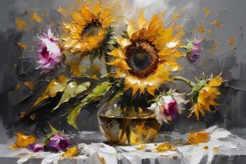 Sunflower Canvas Artwork Gold Foil Flower Modern Painting (3)