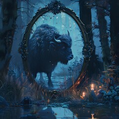 A magical mirror in a shadowy forest reveals a musk ox bathed in an ethereal glow. - obrazy, fototapety, plakaty