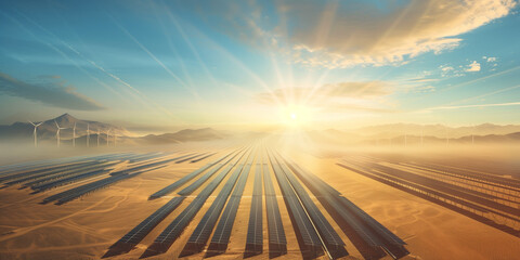 Desert Renewables - Solar Panels and Wind Turbines at Sunrise