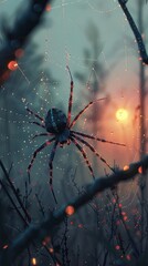 Spider on Web at Dusk with Dew Drops