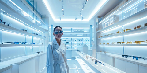 Fashionable woman poses in a trendy sunglass store with modern design aesthetics