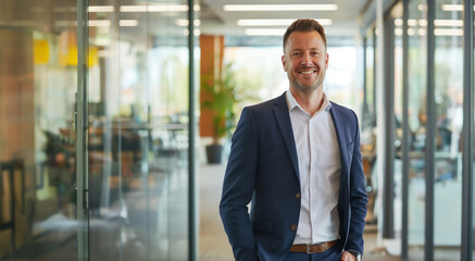 A likeable businessman stands in a modern office with glass walls and smiles into the camera - the topic is board of directors, career and success