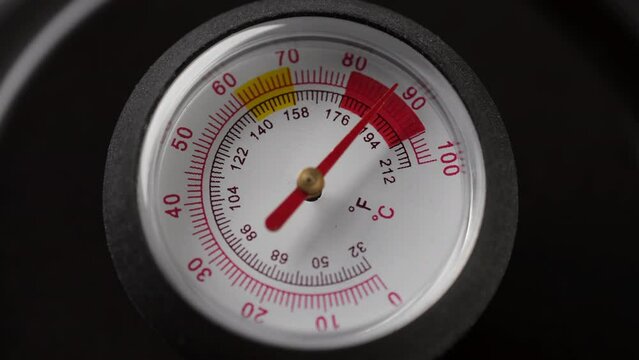 The thermometer in the teapot shows the temperature of boiled water. Manometer or thermometer gauge under high steam pressure or temperature