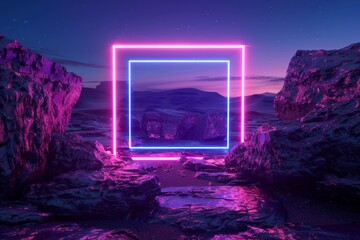 Artistic neon light frame sets against a stark landscape of rocks and distant hills under a star-filled sky
