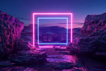 Fotobehang Violet Artistic neon light frame sets against a stark landscape of rocks and distant hills under a star-filled sky