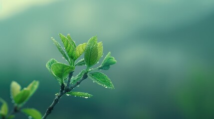 A serene close-up shot of sparkling dew drops on vibrant green leaves with a soft, blurred natural background, invoking a sense of freshness and new beginnings