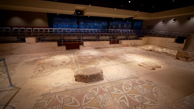 Sepphoris / Tzipori / Saffuriya. Remains of Zippori synagogue. Zodiac wheel mosaic in the 5th- century synagogue, combining Roman scroll designs with Hebrew lettering