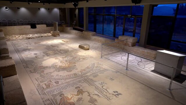 Sepphoris / Tzipori / Saffuriya. Remains of Zippori synagogue. Zodiac wheel mosaic in the 5th- century synagogue, combining Roman scroll designs with Hebrew lettering