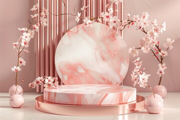 marble pink podium with pink tree background with nature and clean vibe in pink and color tone for product mock up