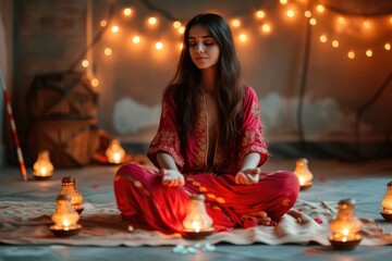 A woman meditating in a cave - A spiritual and serene atmosphere. Fictional character created by Generated AI. 