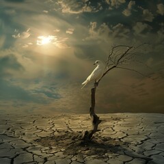 a lonely and sad bird standing alone on the piece of wasteland on the dry surface  as a symbol of global warming crisis - obrazy, fototapety, plakaty