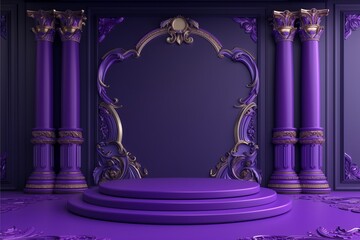 Vintage purple frame podium with elegant ornament with purple background for product display mock...