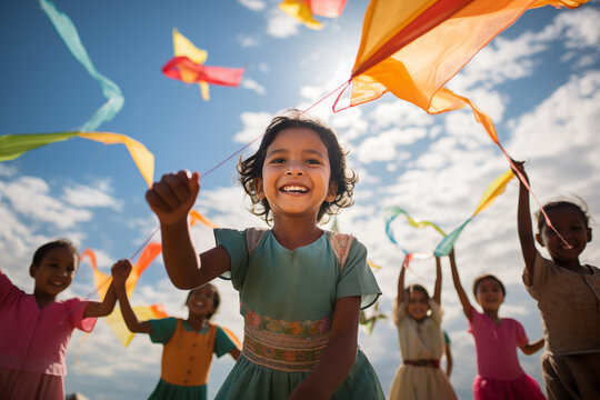 Kids flying kites in a park, smiling, laughing, playing. Spirit of unity. Beauty of diversity and the universal right of every child to happiness. Celebrating International Children's Day. - Powered by Adobe