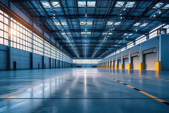 Open indoor space of distribution warehouse. AI technology generated image