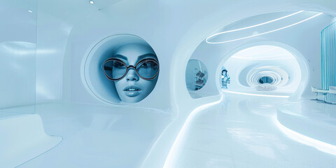A promotional image featuring stylish eyewear in a futuristic corridor with reflective surfaces - 761470223