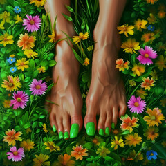 Green Nails Amidst a Colorful Flower Garden