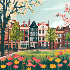 Amsterdam poster, travel print with building facades, tulips and blooming trees. AI generated image