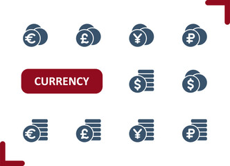 Currency Icons. Dollar, Euro, Pound, Yen, Yuan, Ruble, Cash, Money, Coins Icon