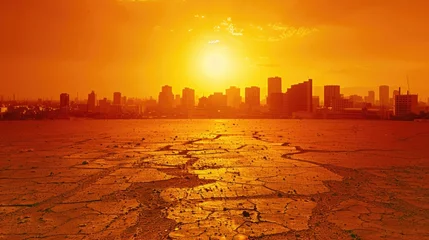 Fotobehang sunset over the arid land with a city in the background. global warming concept, concept of drought © munduuk