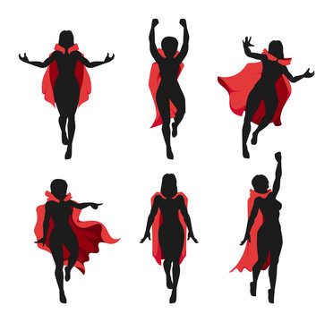 Female superhero in red cloak. Cartoon strong woman in flying superhero costume, comic book female character in flying cape. Vector superheroine silhouette set
