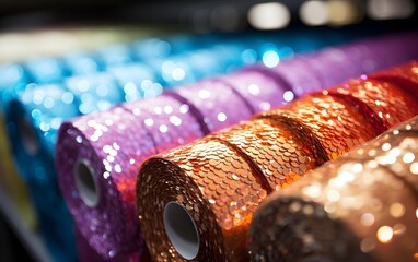 close up of  sequin textile rolls. Blue, purple, orange sequined . Shimmering fancy sparklets decor.