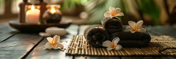 Spa still life with black towels, frangipani flowers, and candles on a wooden surface. - obrazy, fototapety, plakaty