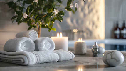 Fresh white towels and lit candles set a relaxing mood in a spa bathroom. - obrazy, fototapety, plakaty
