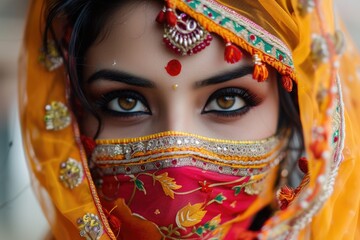 Beautiful Indian Woman with Piercing Eyes and Traditional Headdress. Fictional character created by Generated AI. 