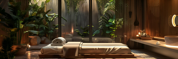 Luxurious spa room with a massage table, surrounded by lush greenery and soft lighting.