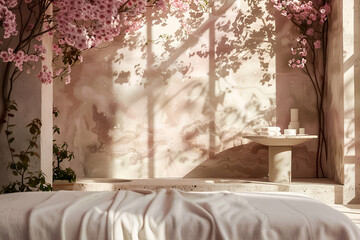 Romantic spa setting with pink flowers and shadow play on the walls.
