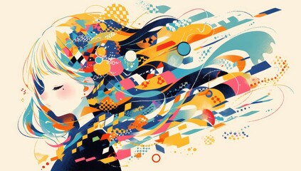 A beautiful woman with hair made of colorful abstract shapes.