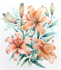 This artwork captures the delicate nature of lily flowers and buds in full bloom, using watercolor techniques to highlight the intricate details and vibrant colors