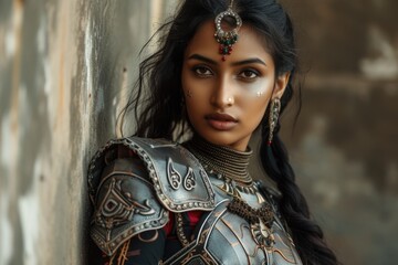 Dark-haired woman with metal armor and jewelry. Fictional character created by Generated AI. 