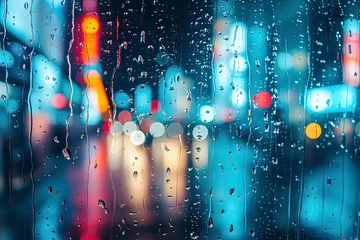Fotobehang A city blurry through glass on rainy days. AI technology generated image © onlyyouqj