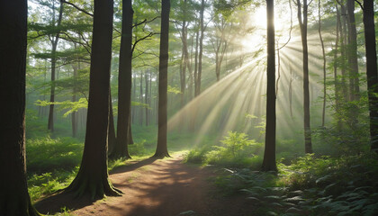 Early morning sunlight scene shining through the trees in the forest