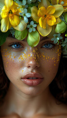 Captivating image of a Woman Adorned with Spring Flowers and Golden Pollen