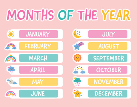 12 Months of the year, Lettering stickers with months for planer, scrapbooking, bullet journal. Inscription of calendar months. Learning month for kids, preschool, kindergarten, playroom poster.