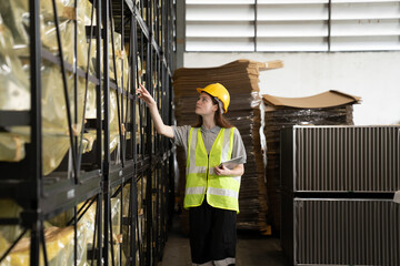 Women warehouse workers using digital tablets to check the stock inventory on shelves in large warehouses, logistic network technology concept - 761471835