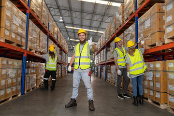
Professional warehouse worker team celebrating success in warehouse factory, Cheerful workers having fun at work, Happiness at job, Concept of success, Happy team enjoying their successful job - 761471871