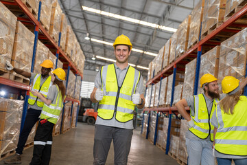 
Professional warehouse worker team celebrating success in warehouse factory, Cheerful workers having fun at work, Happiness at job, Concept of success, Happy team enjoying their successful job - 761471893