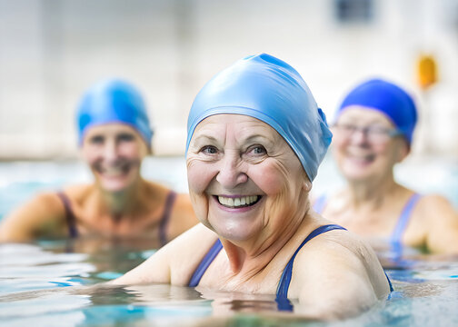 Mujer mayor haciendo aquagym. Persona mayor haciendo gimnasia. Mujer en una piscina con gorro de baño. Concepto vida sana y ejercicio.