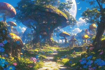 A whimsical garden with giant mushrooms, colorful flowers and fairies flying around in the sky. 