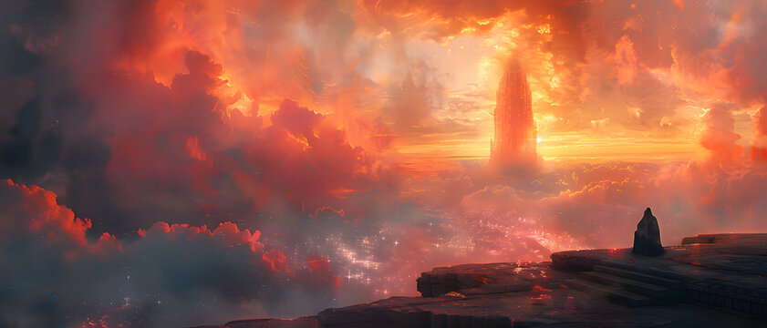 This image portrays an enigmatic monolith under a fiery, textured sky, creating an intense and mysterious atmosphere